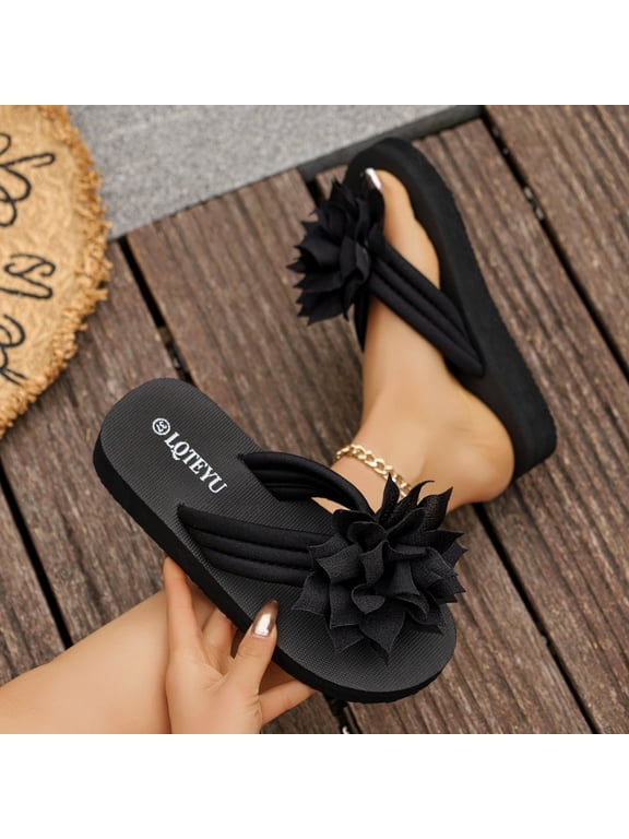 Women's Platform Flip Flops Boho Sparkly Wedge Thong Sandals Trendy Outdoor Slippers Black 6