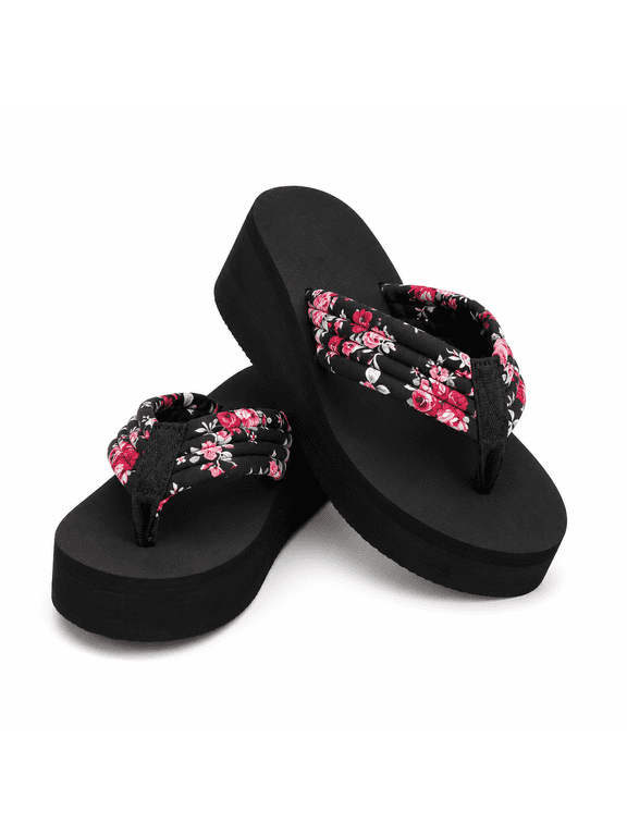 Women’s Platform Flip Flops Floral Thong Sandals Comfortable Wedge Beach Slides Summer Shoes