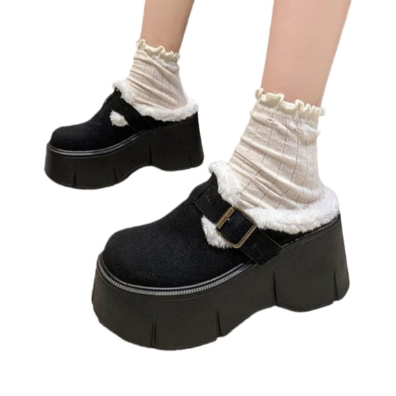 Women’s Platform Fur Lined Mule Slippers, Winter Warm Chunky Sole Buckle Strap Clog Shoes, Closed Toe Slip On Cozy Casual Shoes