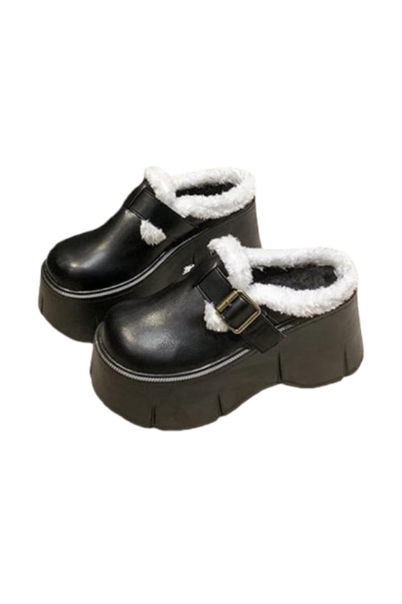 Women’s Platform Fur Lined Mule Slippers, Winter Warm Chunky Sole Buckle Strap Clog Shoes, Closed Toe Slip On Cozy Casual Shoes