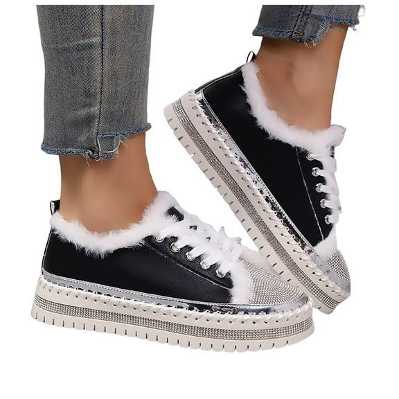 Women's Platform Fuzzy Casual Shoes Comfortable Plush Rhinestone Lace Up Sneakers Slip On Fluffy Winter Shoes Black Size 6