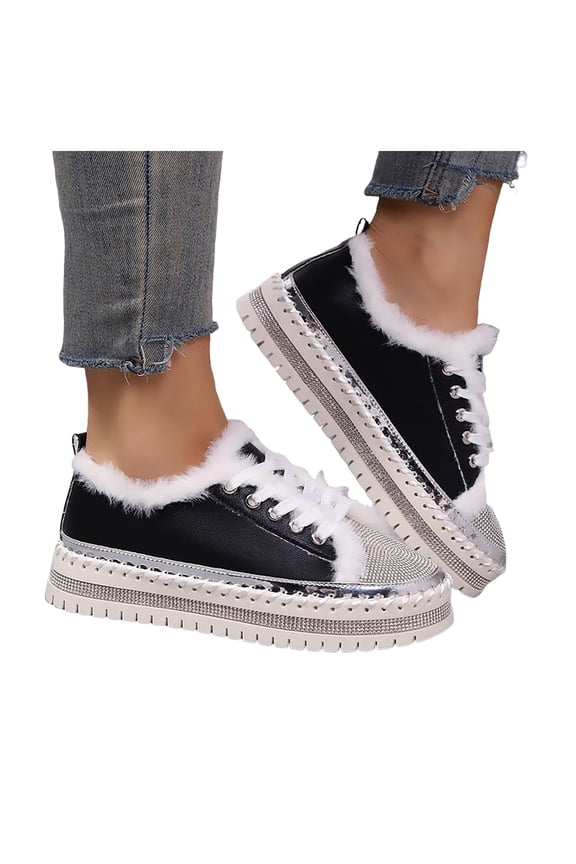 Women's Platform Fuzzy Casual Shoes Comfortable Plush Rhinestone Lace Up Sneakers Slip On Fluffy Winter Shoes Black Size 8.5