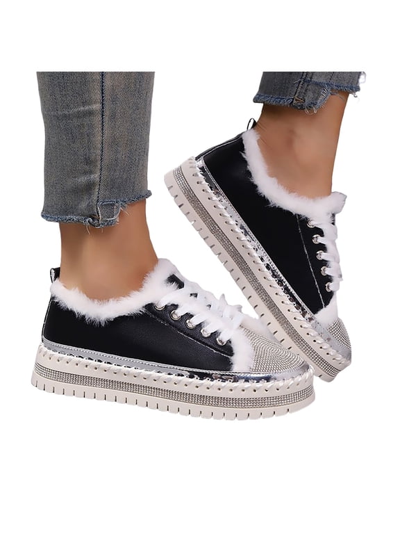 Women's Platform Fuzzy Casual Shoes Comfortable Plush Rhinestone Lace Up Sneakers Slip On Fluffy Winter Shoes Black Size 8