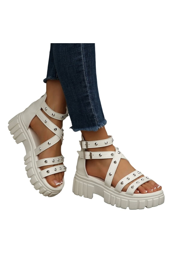 Women's Platform Gladiator Sandals Solid Leather Studded Strappy Open Toe Chunky Lug Sole Summer Boots with Back Zipper White Size 7.5