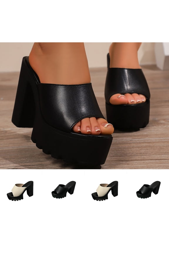 Women's Platform Heel Sandals, Chunky Heel Open Toe Mules for Women, Trendy Casual Slip On Sandals Wide Width for Spring Summer, Black/White