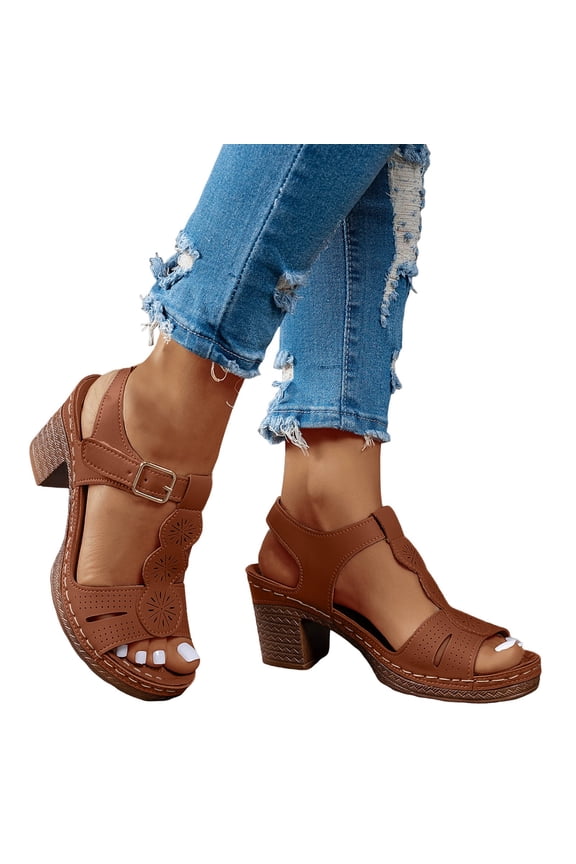 Women's Platform Heels Hollow out Open Toe Slingback Sandals Chunky Heeled Comfortable Slides Shoes for Casual Summer Wear d-Brown Size 7.5