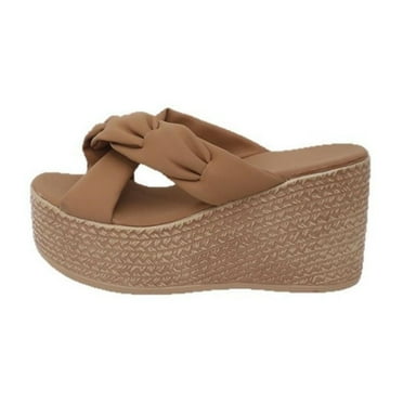 Women's Platform Heels Open Toe Slip on Heels for Women High Chunky Block Wedges Sandals Dressy Pumps Shoes Khaki 9