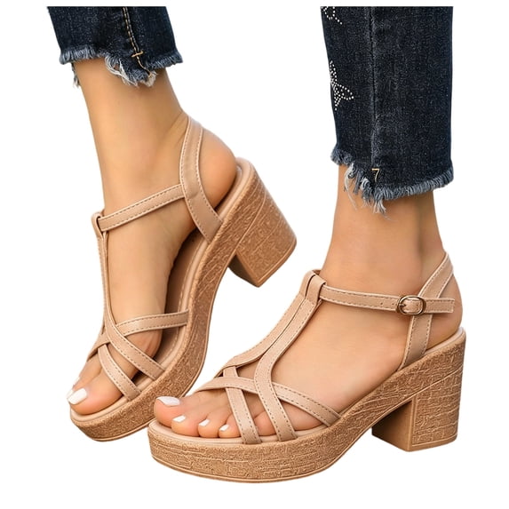 Women's Platform High Heels Chunky Heel Sandals Open Toe Block Heeled Party Pumps Shoes Non Slip Dressy Sandal with Ankle Strap Brown 7