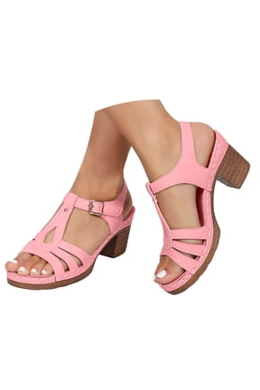 Women's Platform High Heels Chunky Heel Sandals Open Toe Block Heeled Party Pumps Shoes Non Slip Dressy Sandal with Ankle Strap Pink 9.5