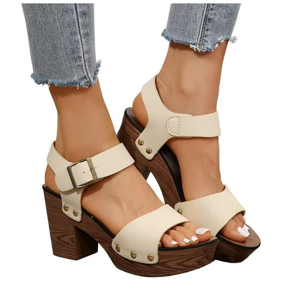 Women's Platform High Heels Dress Sandals Ladies Fashion Studded Peep Toe Chunky Heeled Dressy Summer Shoes