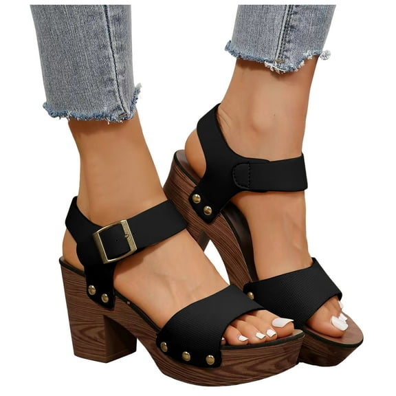 Women's Platform High Heels Dress Sandals Ladies Fashion Studded Peep Toe Chunky Heeled Dressy Summer Shoes
