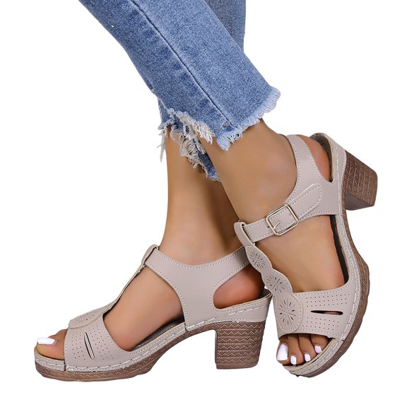 Women's Platform High Heels Sandals Vintage Roman Leather Peep Toe Chunky Heeled Dress Summer Shoes