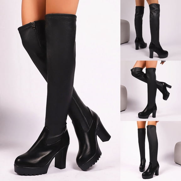 Women's Platform Knee High Boots Womens High Heel Square Toe Stretchy Platform Long Boots Shoes For Women(not For Wide Calf)