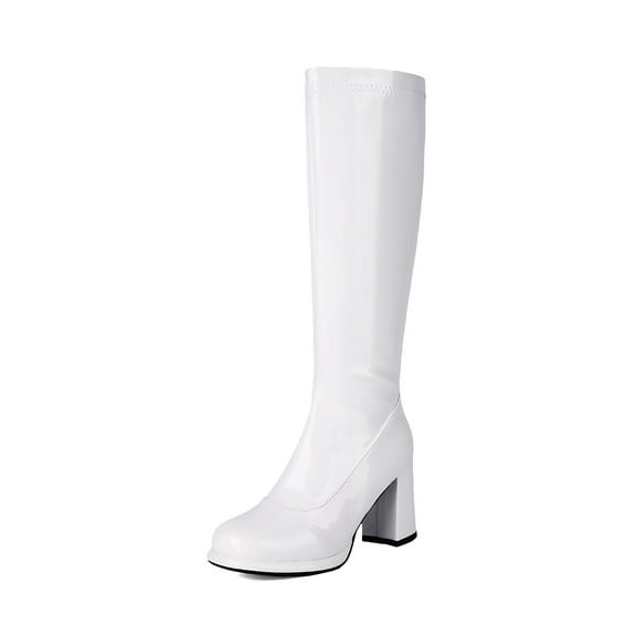 Women's Platform Knee High Boots with Block Heels Full Zipper Design for Everyday Wear and Versatile Outfit Combinations,Color:White,Size:8.5