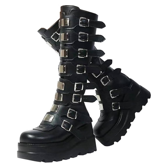 Women's Platform Knee High Goth Boots Round Toe Zipper Back Combat Boots Shoes Punk Buckle Motorcycle Boot