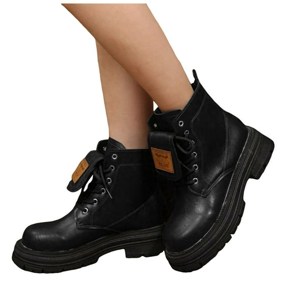 Women's Platform Lace Up Combat Boots Fashion Low Chunky Heel Wide Toe Box Lug Sole Fall Ankle Riding Booties