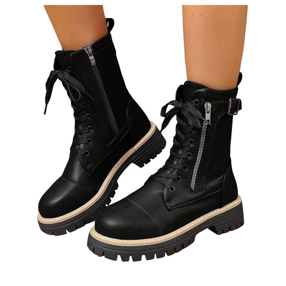Women's Platform Lace Up Mid Calf Boots Wide Toe Box Slip On Combat Booties Buckle Strap Motorcycle Riding Boots Black Size 7