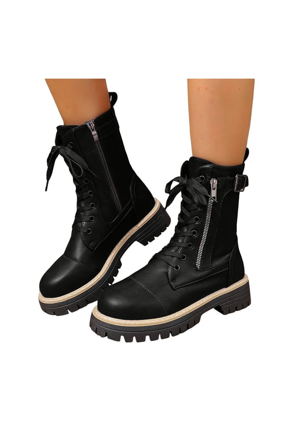 Women's Platform Lace Up Mid Calf Boots Wide Toe Box Slip On Combat Booties Buckle Strap Motorcycle Riding Boots Black Size 7