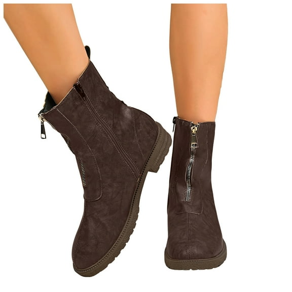 Women's Platform Leather Ankle Boots Block Heel Mid Calf Combat Boots Front Zipper Chelsea Booties