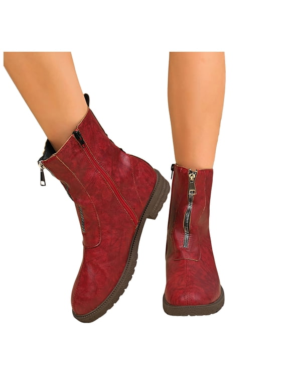Women's Platform Leather Ankle Boots Block Heel Mid Calf Combat Boots Front Zipper Chelsea Booties