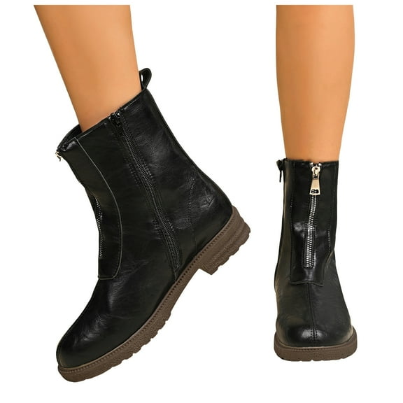 Women's Platform Leather Ankle Boots Block Heel Mid Calf Combat Boots Front Zipper Chelsea Booties
