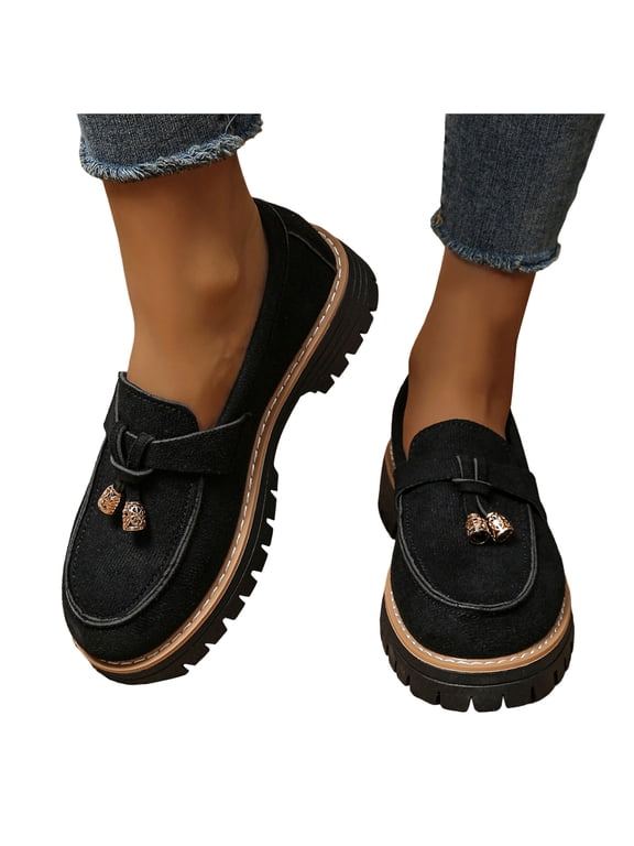 Women's Platform Loafers Comfortable Chunky Heel Non Slip Wide Toe Box Casual Shoes Slip On Short Combat Boots Black Size 8.5