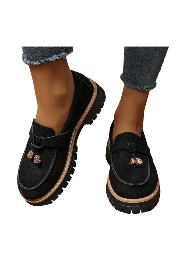 Women's Platform Loafers Comfortable Chunky Heel Non Slip Wide Toe Box Casual Shoes Slip On Short Combat Boots Black Size 8
