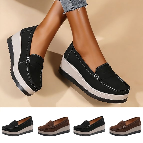 Women's Platform Loafers, Faux Leather Wedge Slip-On Shoes, Comfortable Wide Width Casual Dress Shoes for Daily Work Spring Summer, Black/Brown