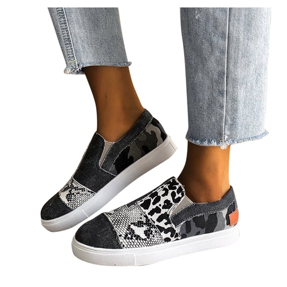 Women's Platform Loafers Patchwork Fabric Shoes Comfortable Slip on Walking Sneakers Breathable Cushioned Casual Shoes Black Size 7.5