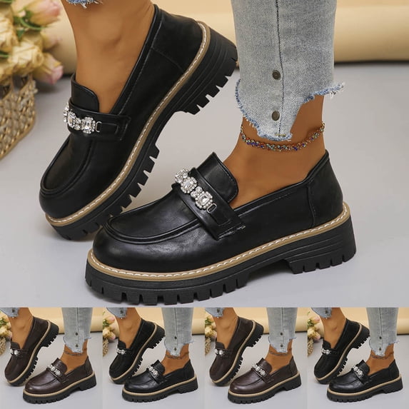 Women's Platform Loafers, Patent Leather Chunky Sole Shoes with Rhinestone Buckle, Non-Slip Casual Dress Flats, Comfortable Round Toe Walking Shoes for Daily Work School, Black/Brown