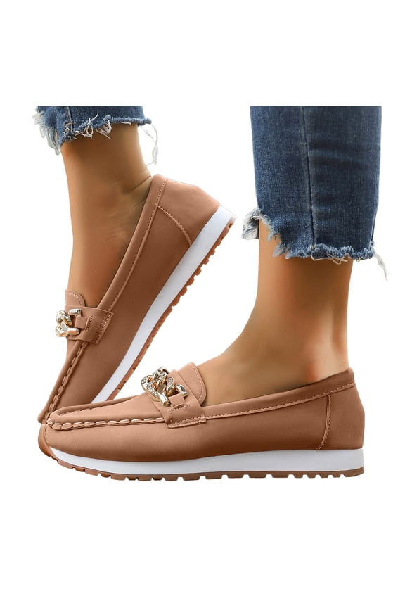 Women's Platform Loafers Wide Toe Box Fashion Chain Decorated Low Top Dress Shoes Lightweight Slip On Walking Shoes