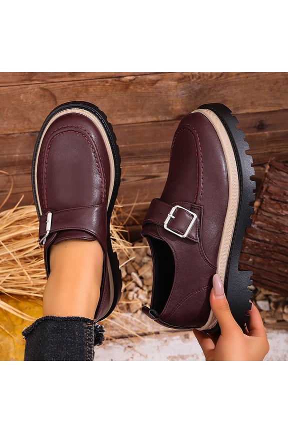 Women's Platform Loafers Wide Width, British Style Leather Buckle Casual Shoes, Chunky Sole Low Heel Dress Shoes for Fall, Burgundy/Black