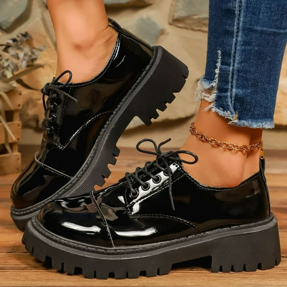 Women's Platform Loafers Wide Width, British Style Patent Leather Lace-Up Casual Shoes, Chunky Sole Low Heel Dress Shoes for Women, Black