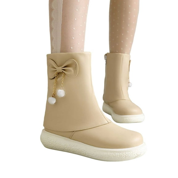 Women's Platform Low Heeled Mid Calf Boots Cute Bowknot Preppy Slip On Fold Over Booties Non Slip Fashion Lolita Shoes Beige Size 6.5