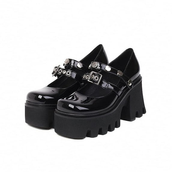 Women's Platform Mary Janes Heart Cat Buckle Rivets Ankle Lolita Gothic Princess Platform Pumps Patent Leather Thorn Vintage Traditional Embroidery Upper Dress Shoes