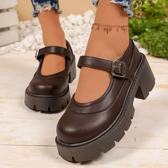 Women's Platform Mary Janes Spring Summer Trendy Solid Color Round Toe Slip-On Plus Size Patent Leather Ankle Strap Chunky Heel Vintage Dress Shoes Brown 9.5