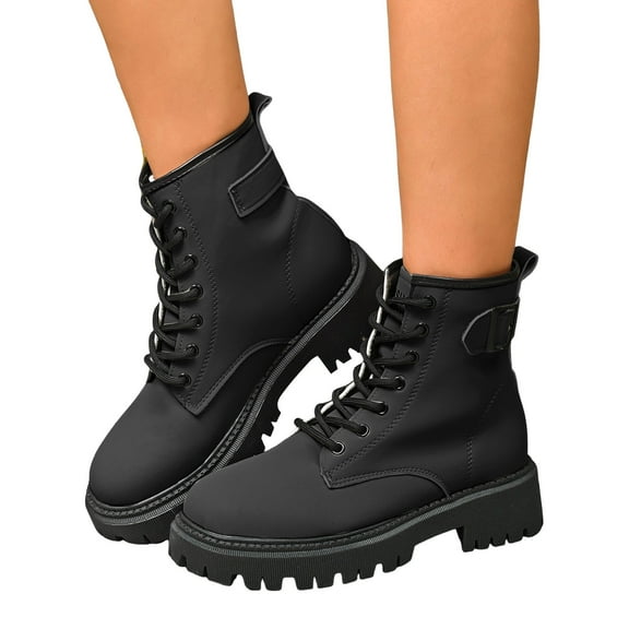 Women's Platform Mid Calf Combat Boots Casual Leather Lace up Non Slip Chunky Short Tacticle Riding Booties