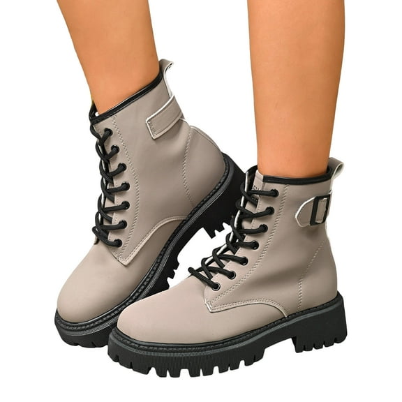 Women's Platform Mid Calf Combat Boots Casual Leather Lace up Non Slip Chunky Short Tacticle Riding Booties