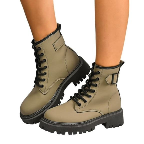 Women's Platform Mid Calf Combat Boots Casual Leather Lace up Non Slip Chunky Short Tacticle Riding Booties