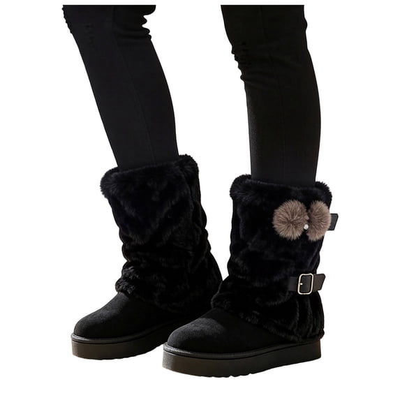 Women's Platform Mid Calf Snow Boots Fold Over Fuzzy Leg Warmers Round Toe Suede Slip on Plush Lined Cute Stocking Winter Booties