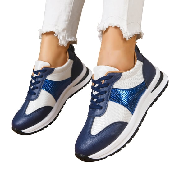 Women's Platform Non Slip Leather Running Shoes Lace Up Casual Tennis Shoes Lightweight Slip On Sneakers Blue Size 8