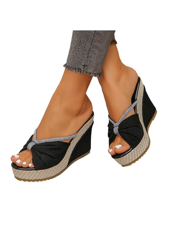 Women's Platform Open Toe Wedges Sandals Canvas Bowknot Backless Summer Slippers Comfortable Non Slip Beach Sandal