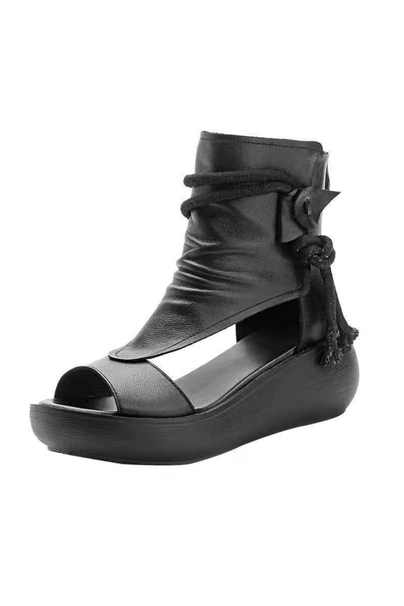 Women's Outdoor Sandals Boots Wedge Bottom Fashion High Top Sandals Open Toe Boot Sandals Black 36