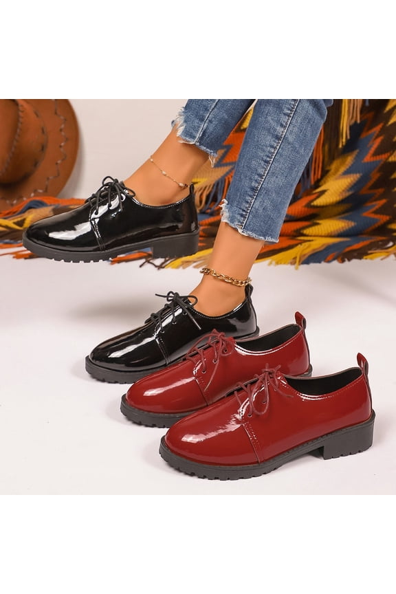 Women's Platform Oxford Shoes, Patent Leather Lace-Up Loafers, Non-Slip Chunky Sole Wide Width Casual Dress Shoes for Daily Work, Black/Burgundy