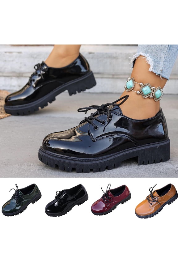 Women's Platform Oxfords for Women Trendy Round Toe Patent Leather Lace Up Chunky Heel Shoes Comfortable Thick Sole Casual Dress Shoes Spring Summer Fashion Plus Size Wide Width Black Shoes for Women