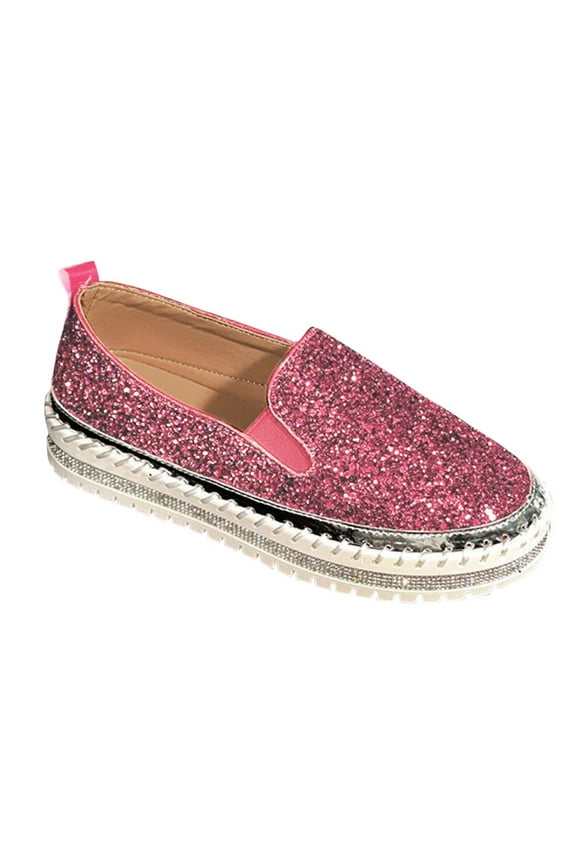 Women's Platform Rhinestones Glitter Fashion Sneakers Comfortable Slip On Flat Loafers Walking Dress Shoes Casual Shoes Pink Women Sandal