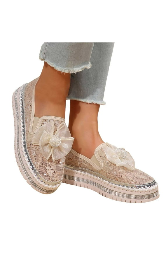 Women's Platform Rhinestones Glitter Sneakers Fashion Cute Bow Comfy Breathe Canvas Hand Stitching Slip On Casual Walking Flat Loafers