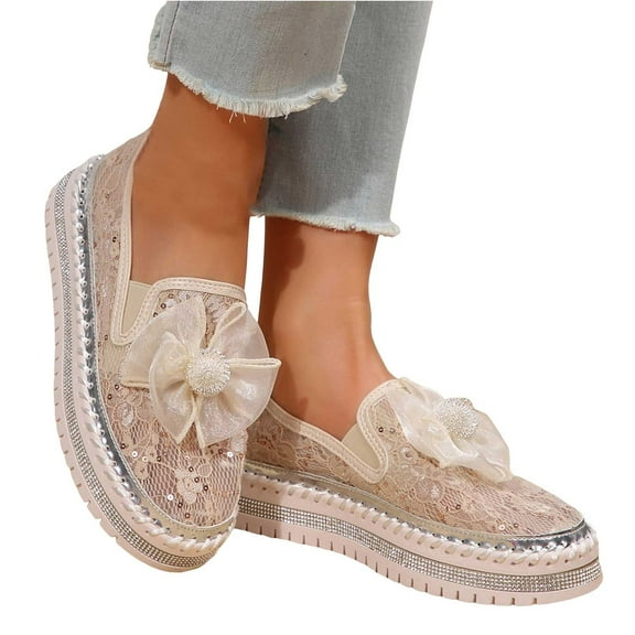 Women's Platform Rhinestones Glitter Sneakers Fashion Cute Bow Comfy Breathe Canvas Hand Stitching Slip On Casual Walking Flat Loafers