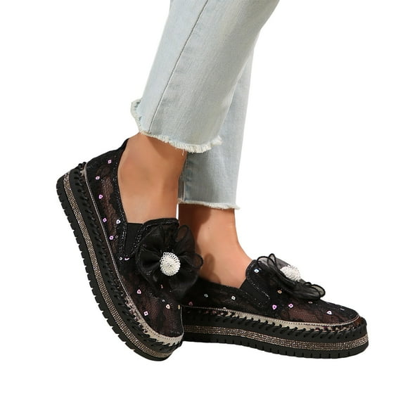 Women's Platform Rhinestones Glitter Sneakers Fashion Cute Bow Comfy Breathe Canvas Hand Stitching Slip On Casual Walking Flat Loafers