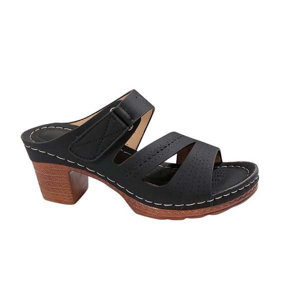 Women's Sandals Ankle Strap Open Toe Chunky Block Heeled Sandals Black 5.5